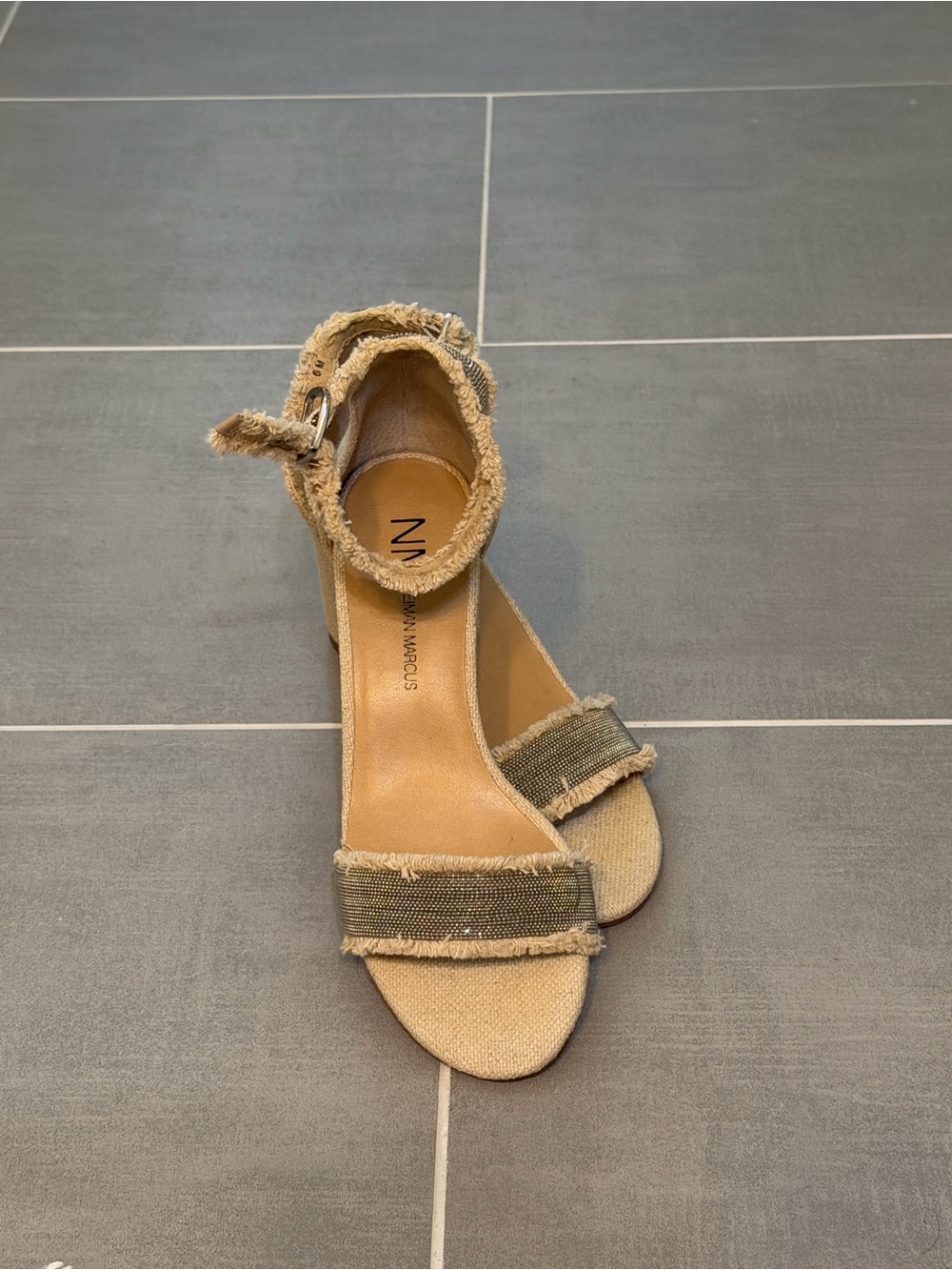 Neiman Marcus Tan Frayed Ankle-Strap Sandals